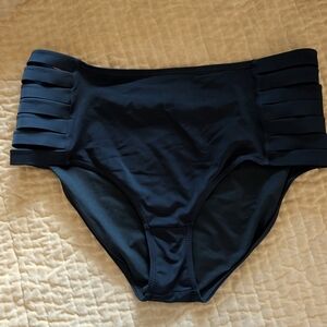 KIAVA Black High-Waist Bikini Bottom with Strappy Side Panels